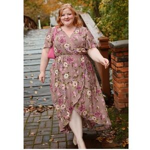 Arula Metallic Floral Surplice V-Neck Wrap High Low Maxi Dress Purple 1X